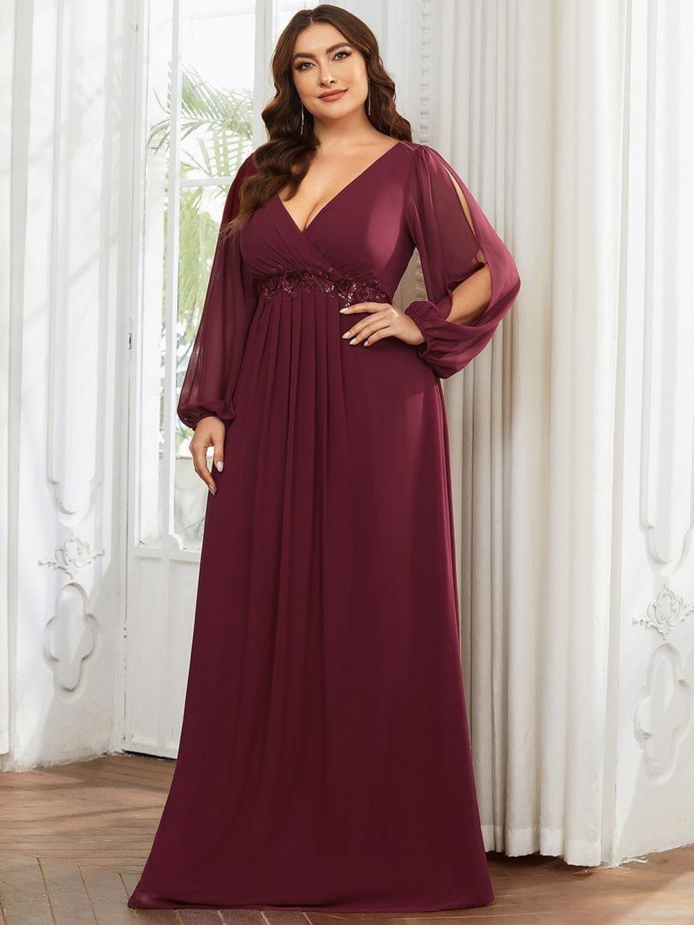 Ever Amour Elegant Chiffon V-Neckline Long Sleeve Sequin Evening Gown Dress